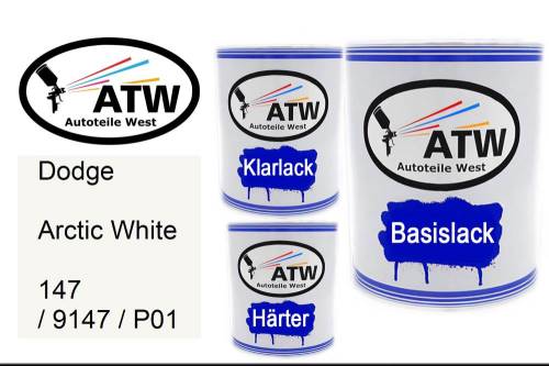 Dodge, Arctic White, 147 / 9147 / P01: 1L Lackdose + 1L Klarlack + 500ml Härter - Set, von ATW Autoteile West.